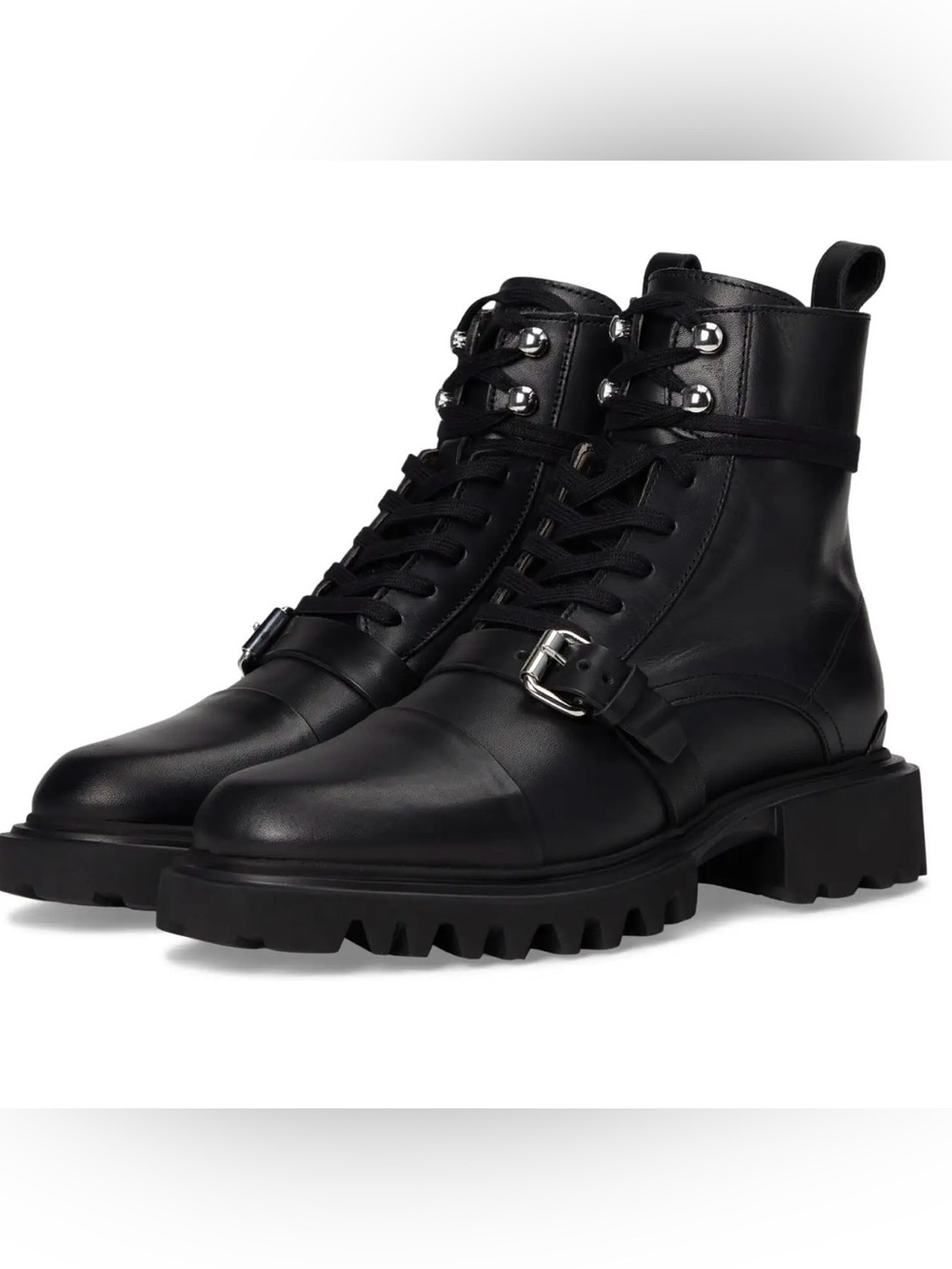 AllSaints Tori Boots - Black Leather Lace-Up Buckle Combat Boots